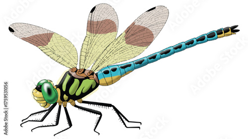 A detailed illustration of a dragonfly against a pure white background 
