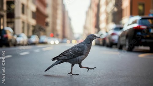Bird crossing road in urban city. Cars out of focus in the background. Could be used for humorous or conceptual illustrations