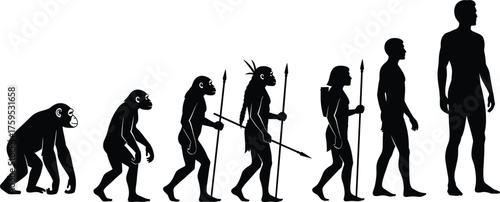 Evolution of mankind illustration showing transformation from ape to modern human with spears, anthropology science and biology concept vector design.