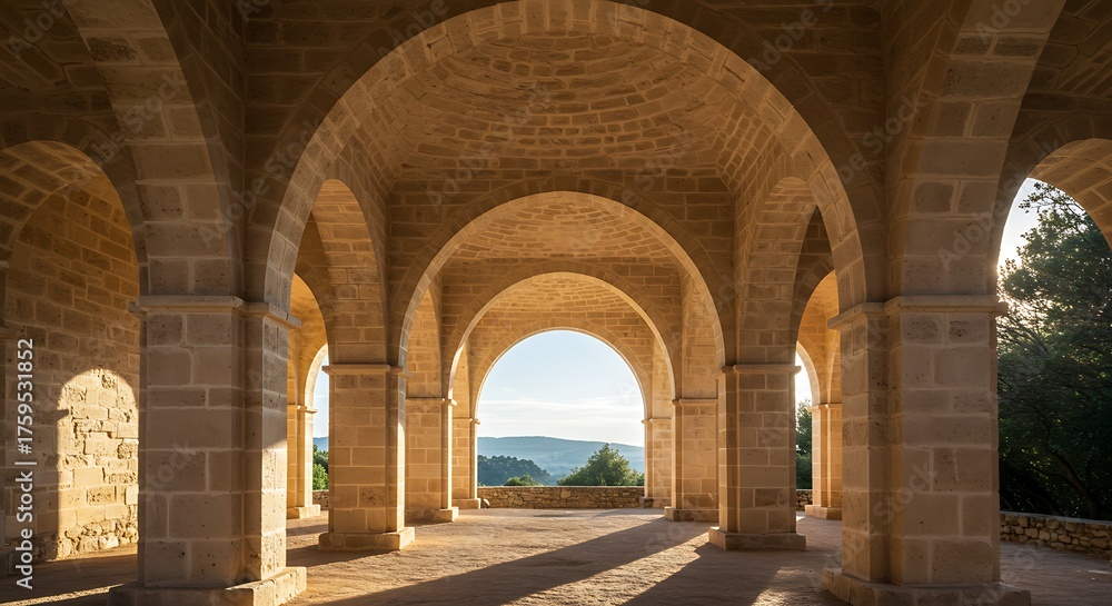 Naklejka premium Stone arches overlooking a scenic landscape with bright sunlight and shadows