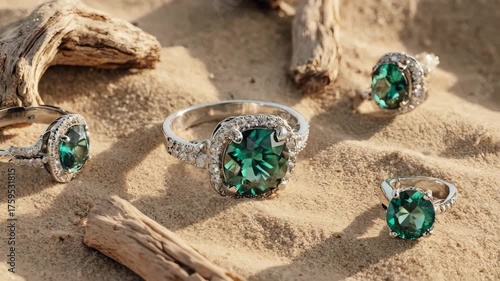 Gemstone rings rest in sand with driftwood in sunlight, detail shot