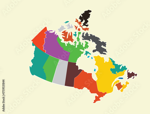 Colorful Canadian Map: A vibrant and geographically accurate illustration of Canada, showcasing the diverse regions with bold, individual colors, providing a simple.