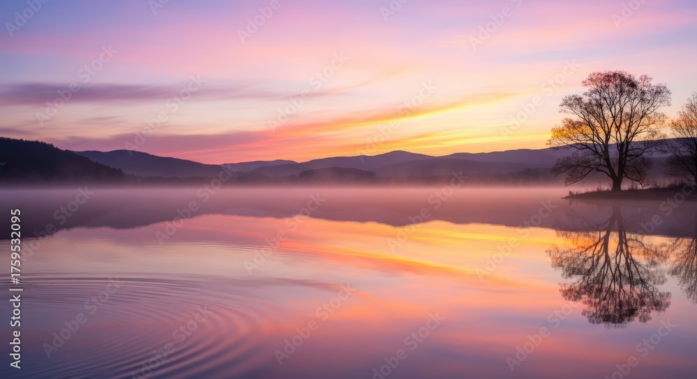 Fototapeta premium A serene lake at sunrise, with mist rising from the water and a tree reflected on its surface.