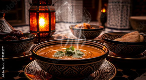 Moroccan Feast: A Culinary Delight with Steaming Soup and Candlelight Ambiance