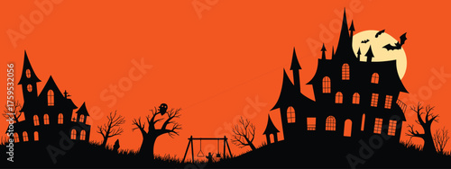 Haunted Halloween houses, spooky night silhouettes, glowing pumpkins, eerie full moon, flying bats, twisted trees, crooked fence, children swinging, horror celebration