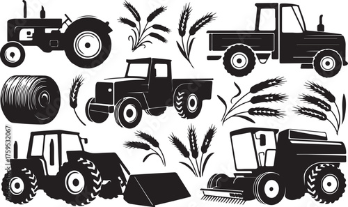 Farm Vehicles and Agriculture Elements Silhouette Set