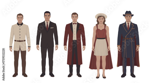 Diverse group of people in historical costumes standing in a line