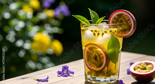 Refreshing passion fruit cocktail with ice and garnished, perfect for summer drinks