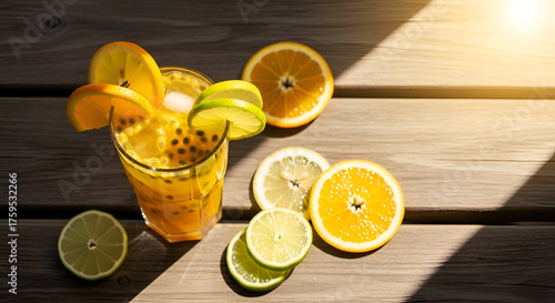 Refreshing passion fruit cocktail with citrus fruits like oranges and lemon on wooden table