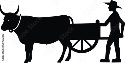 Farmer with Oxen Cart Silhouette Vector Art Illustration