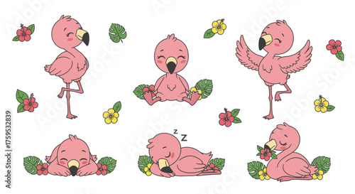 Adorable cartoon flamingos in various poses, surrounded by flowers and leaves.