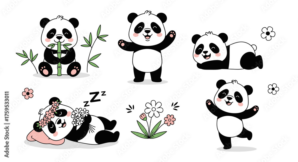 Naklejka premium Adorable cartoon pandas in various poses, interacting with bamboo and flowers.