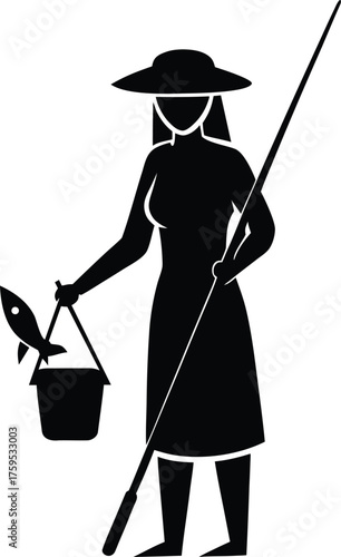 Fisherwoman Silhouette Vector Art Illustration