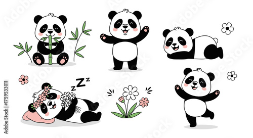 Adorable cartoon pandas in various poses, interacting with bamboo and flowers.