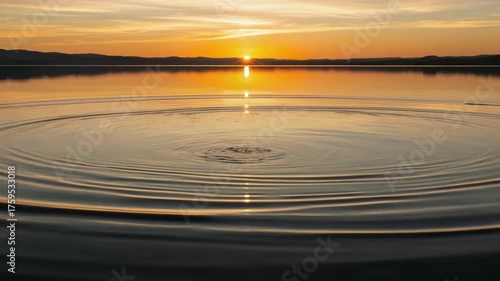 Dropping stone in lake creating ripples during sunset. Mountains visible in background. For meditative, relaxing content