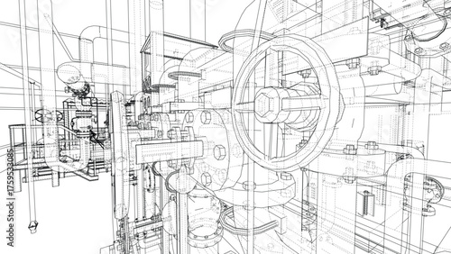 Complex Industrial Machinery Blueprint. Vector