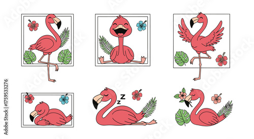 Six cartoon flamingos in different poses, framed with tropical leaves and flowers. They are standing, laughing, sleeping, and preening.