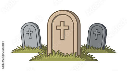 Three cartoon gravestones with crosses in grassy cemetery