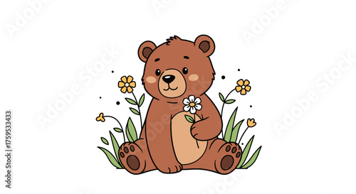 A cartoon brown bear sits in grass, holding a flower, smiling happily.