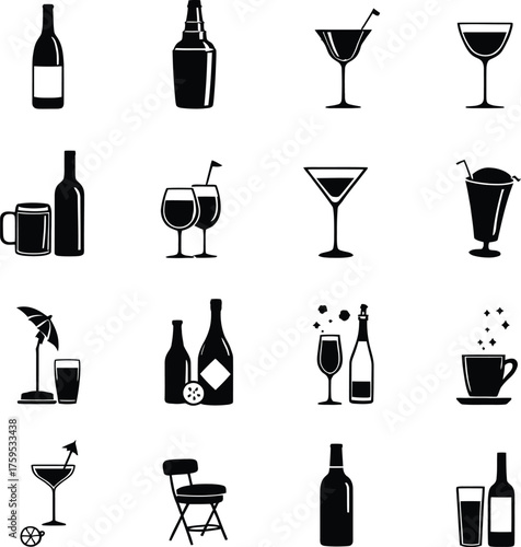 Vector icons of alcoholic beverages drinks cocktails wine beer liquor and bar chair illustration set design