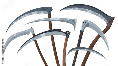 Collection of antique and modern scythes with wooden handles