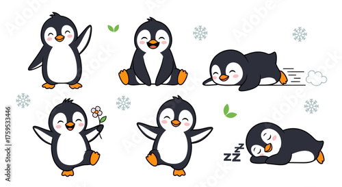 A collection of cartoon penguins in various poses, expressing joy and happiness.