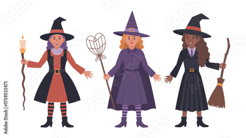 Three diverse cartoon witches in colorful costumes holding brooms and magic wands