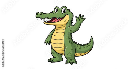 Cartoon alligator waving with a friendly smile, standing on its feet.