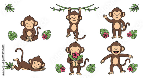 Playful cartoon monkeys in various poses, interacting with foliage and flowers.