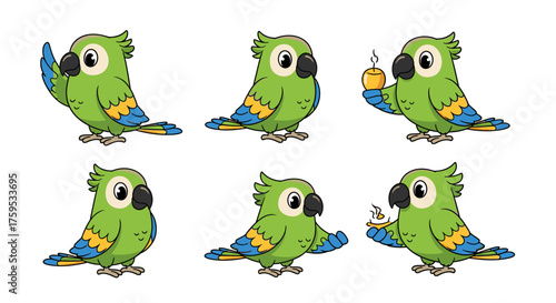 Six cartoon parrots in different poses, some holding a candle, isolated on a white background.
