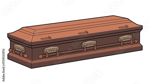 Ornate wooden coffin with metal handles and decorative details