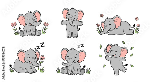 Canvas Print Adorable cartoon elephants in various poses, surrounded by flowers and greenery