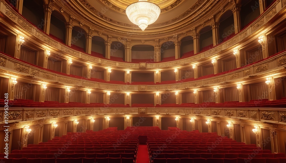 Obraz premium Grand opera house interior, red velvet seats, gold ornate decor. Large chandelier hangs from ceiling. Empty theatre space awaits performance. Balconies, detailed carvings create luxury, historic