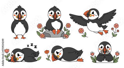 Six cartoon puffins in various poses, including standing, sitting on a rock, flying, sleeping, and resting near flowers.