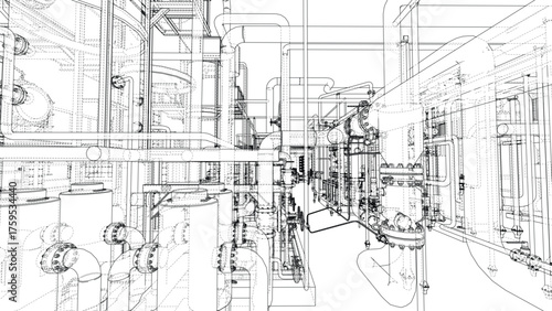 Complex Industrial Pipe Network Blueprint. Vector
