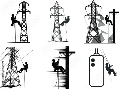 High voltage industrial electrical circuit breaker switchgear machine illustration set with mechanical components, insulation system and power distribution equipment
