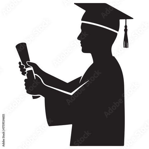 Black Silhouette Graduate Icon with Cap, Gown, and Diploma