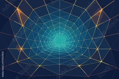 Geometric vector mesh tunnel illustration polygons depth illumination lights connected perspective forming