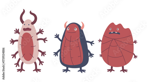 Three cute cartoon bugs with big eyes and funny faces