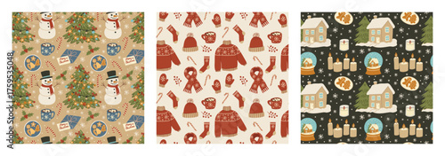 seamless pattern with Christmas elements, cozy winter endless background set