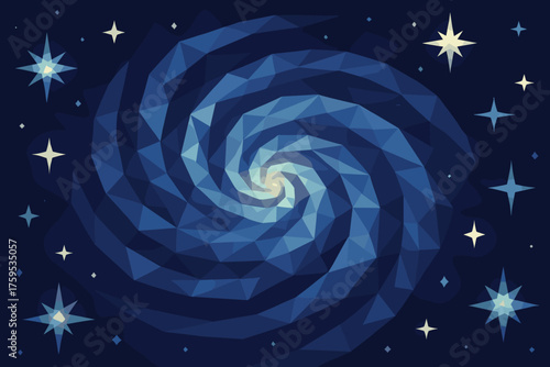 Vector galaxy illustration outward glowing stars faceted geometric swirl extending