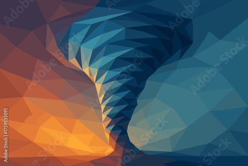 Spiraling vector illustration tornado funnel upward composed abstract faceted spiral gradients