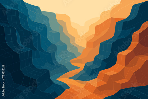 Fading geometric vector into faceted cliffs illustration canyon gridwave depth