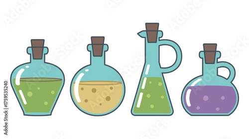 Four colorful glass bottles with cork stoppers containing liquids