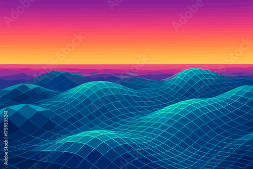 Faceted abstract gradients waves vector horizon above illustration ocean gridwave into