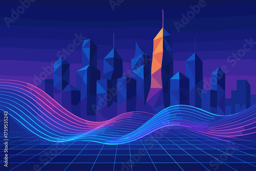 Vector futuristic illustration skyline towers city light polygonal faceted grid across