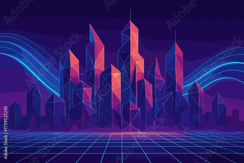 Futuristic light gridwave flowing skyline illustration polygonal geometric towers vector grid faceted