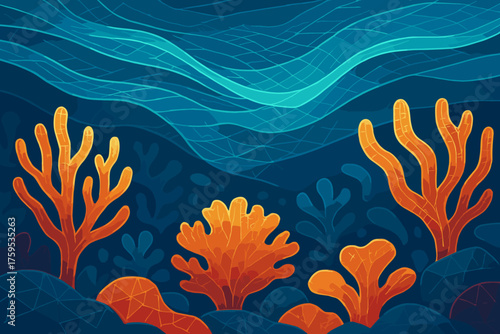 Glowing shaping vector gridwave currents polygonal coral illustration water scene