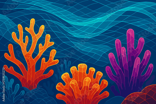 Polygonal gridwave illustration glowing currents shaping coral vector scene water reef