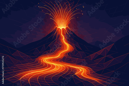 Abstract vector gridwave volcano illustration streams slopes polygonal angular across lava eruption